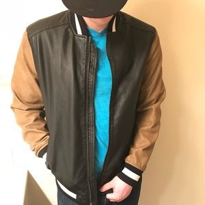 Colorblocked Faux Leather Varsity Jacket